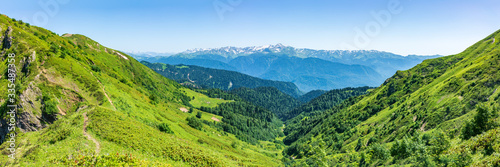 Panoramic view over the Green Valley, surrounded by high mountains with snow on a clear summer day.