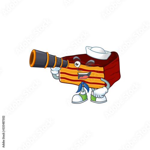 Dobos torte in Sailor cartoon character style using a binocular