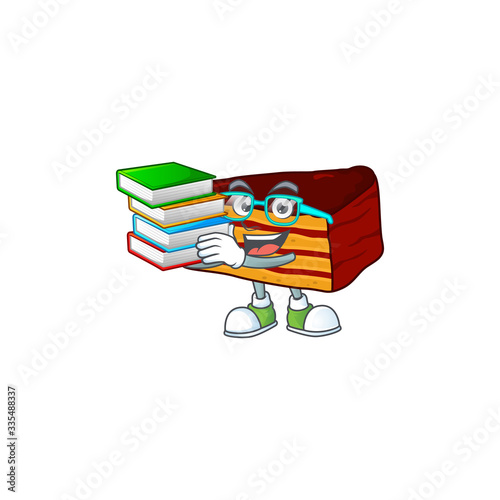 A mascot design of dobos torte student character with book
