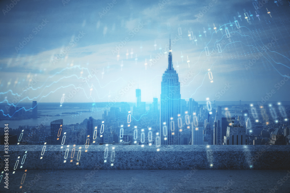 Fototapeta premium Forex graph on city view with skyscrapers background multi exposure. Financial analysis concept.