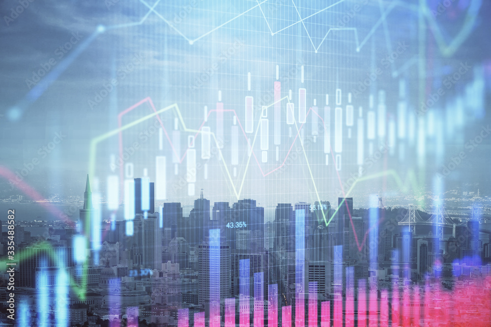 Forex graph on city view with skyscrapers background multi exposure. Financial analysis concept. Forex graph on city view with skyscrapers background multi exposure. Financial analysis concept.