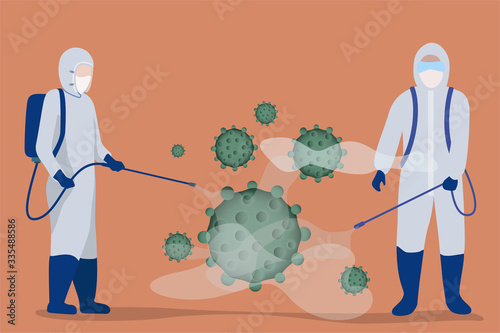 Medical scientists in hazmat protection suits Spraying chemical and disinfecting coronavirus cells epidemic