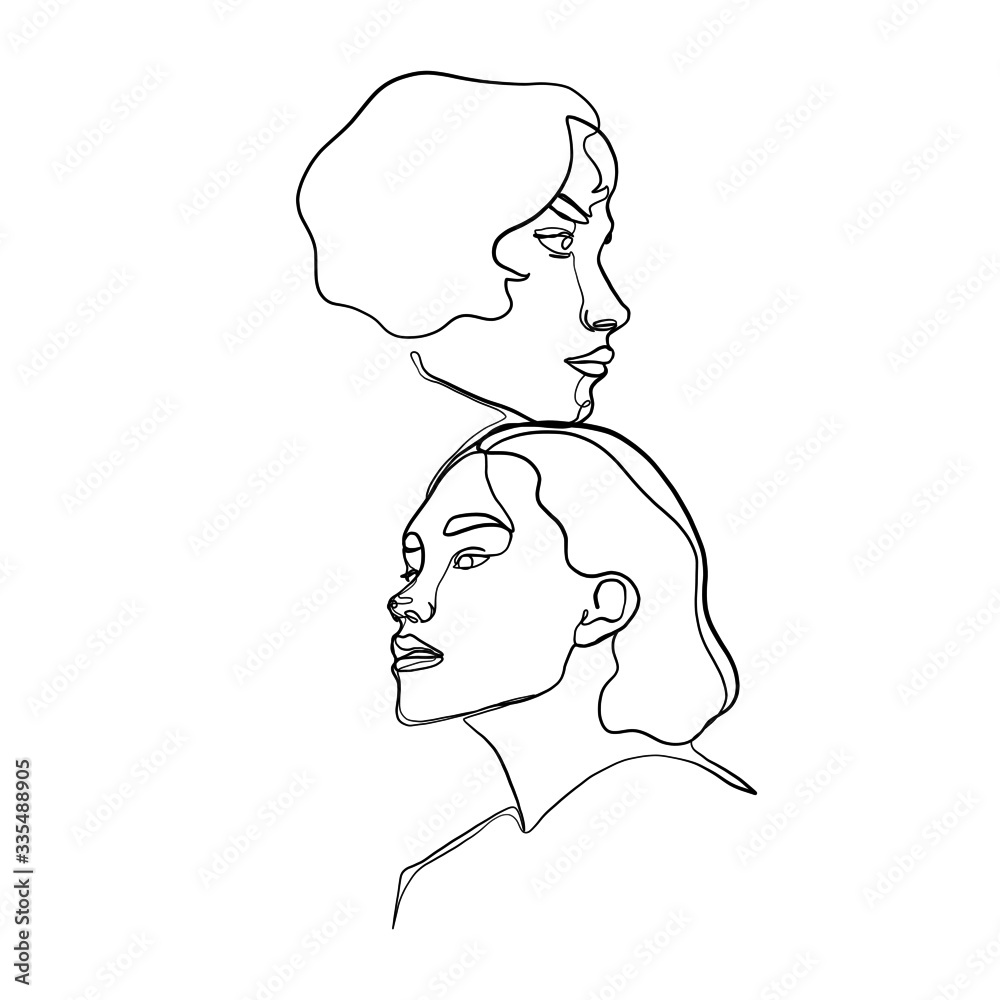 Pair of female portraits drawn by one continuous line in a minimalistic fashionable style. Pair of female portraits drawn by one continuous line in a minimalistic fashionable style.