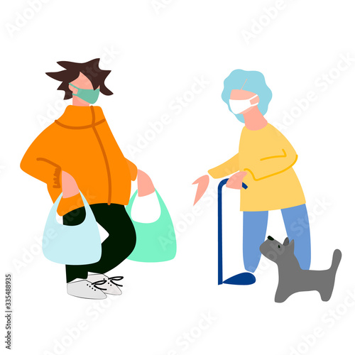 Volunteer helps elderly woman with shopping and dog walking. Social work during quarantine. Covid-19 awareness concept. Assistance to vulnerable category. Vector illustration in flat style