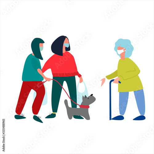 Volunteers help elderly woman with shopping and dog walking. Social work during quarantine. Covid-19 awareness concept. Assistance to vulnerable category concept. Vector illustration in flat style