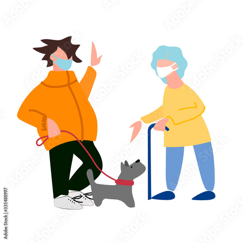 Volunteer helps elderly woman with dog walking. Social work during quarantine concept. Covid-19 awareness concept. Assistance to vulnerable category concept. Vector illustration in flat style