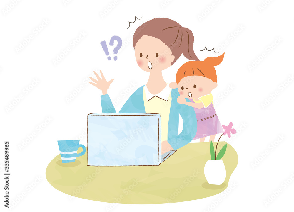パソコン テレワーク ママ 女の子 驚く パソコン テレワーク ママ 女の子 驚く