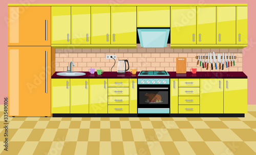 Kitchen interior with furniture. Home cooking room with kitchen cabinets, fridge, oven, microwave, hob and extractor hood. Cozy kitchen. Modern cozy kitchen interior.