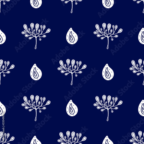 Floral seamless pattern. Hand drawnwhite petals and water drops on a dark blue background. can be used for wallpaper, pattern fills, web page background,surface textures, bed linen, fabric.