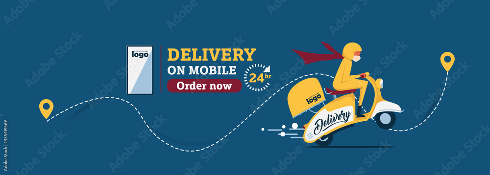 Obraz premium Vector The food delivery man ride yellow scooter to deliver food.Instagram Posts Featuring Food Delivery.Online Delivery Service Web Banner.E-commerce concept.