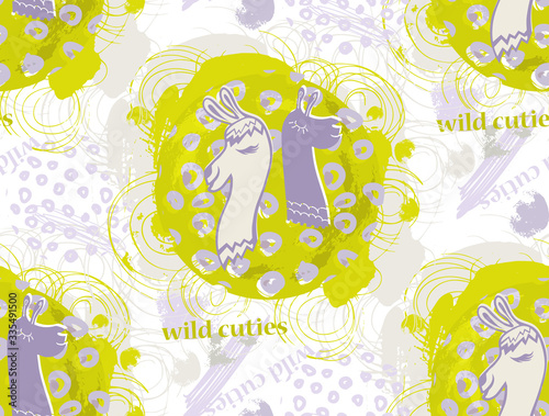 seamless pattern with cute llamas on a green background with closed eyes and the inscription llamas and wild cuties is suitable for children's design