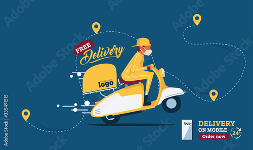 Vector The food delivery man ride yellow scooter to deliver food.Instagram Posts Featuring Food Delivery.Online Delivery Service Web Banner.E-commerce concept.