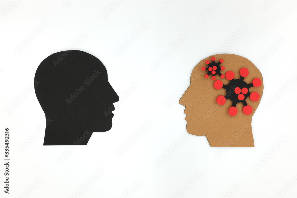 Male human profile with coronavirus on brain. Facing fear, depression and mental health issue during covid-19 pandemic. Male human profile with coronavirus on brain. Facing fear, depression and mental health issue during covid-19 pandemic.