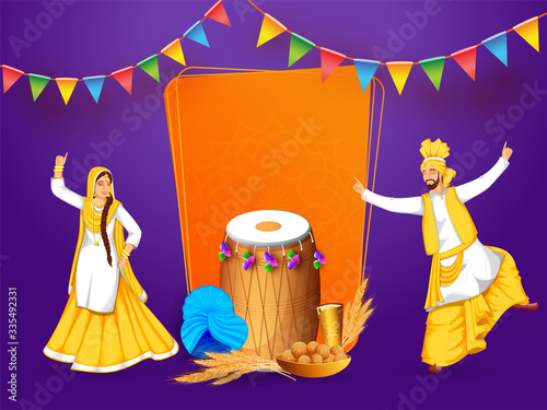 Illustration of Punjabi Festival Baisakhi or Vaisakhi with a Happy Punjabi Couple Performing Traditional Dance Bhangra and Gidda with Drum, Wheatears, Sweet and Drink on Purple Background. photo