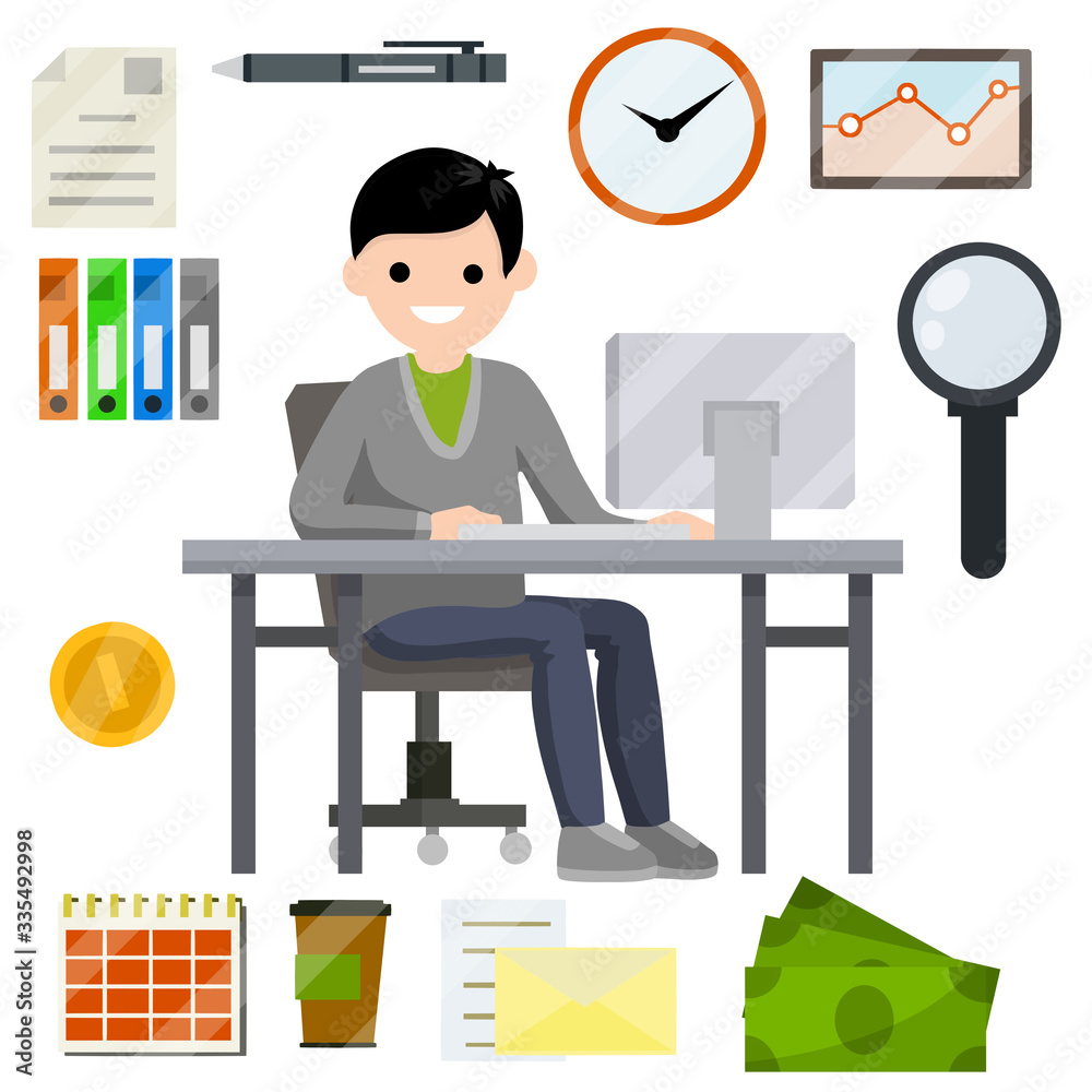Man sit at Desk with computer and typing the text message in front of monitor. Set of business icons-yellow folder, case for document, schedule, red coffee mug, cash. Flat picture. Businessman at work