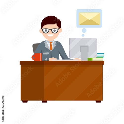 Young man sit at table with computer and receives letter. Postal envelope in bubble. Cartoon flat illustration. Work in office. E-mail in messenger, chat with friends on Internet