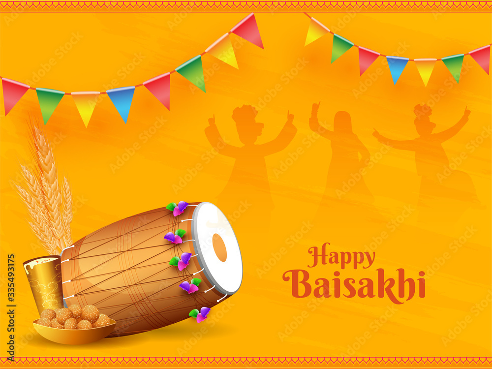 Illustration of Punjabi Festival Baisakhi or Vaisakhi with a Drum,  Wheatears, Sweet and Drink on People Dancing Silhouette on Yellow Background.  Stock Vector | Adobe Stock