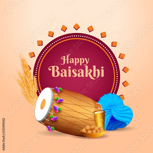 Illustration of Punjabi Festival Baisakhi or Vaisakhi with a Punjabi Turban, Drum, Wheatears, Sweet and Drink.
