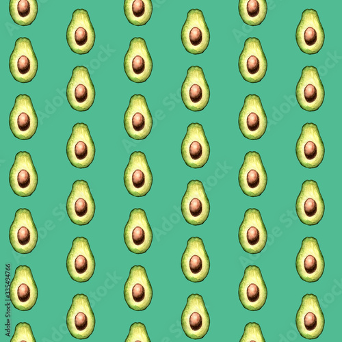 Seamless watercolor pattern with avocado on green background. Pattern for textiles, packaging, printing, design, wrapping paper.