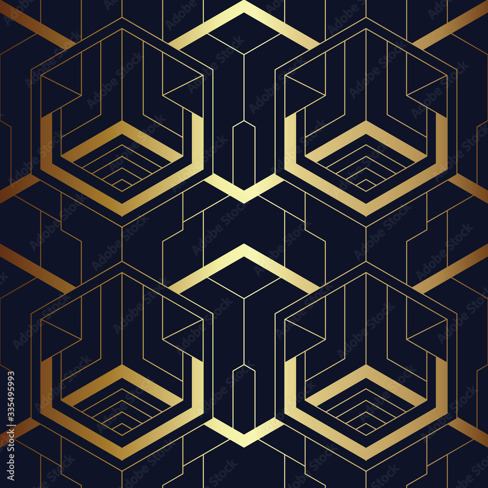 Abstract art deco seamless blue and golden pattern Abstract art deco seamless blue and golden pattern