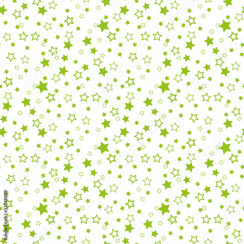 Vector illustration. Seamless pattern with falling cute green stars white background. Weather symbol. Pattern with contour