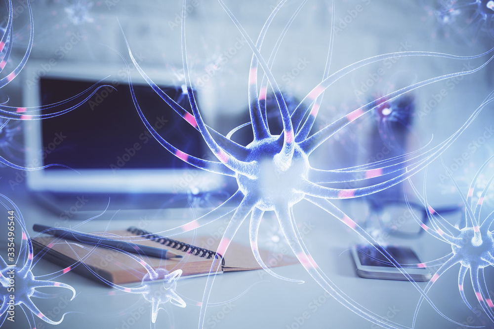 Obraz premium Desktop computer background and neuron drawing. Double exposure. Education concept.