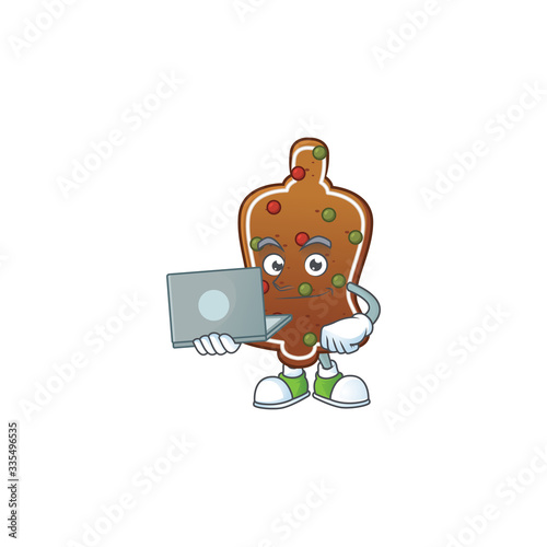 Diligent gingerbread bell mascot design style working from home with laptop