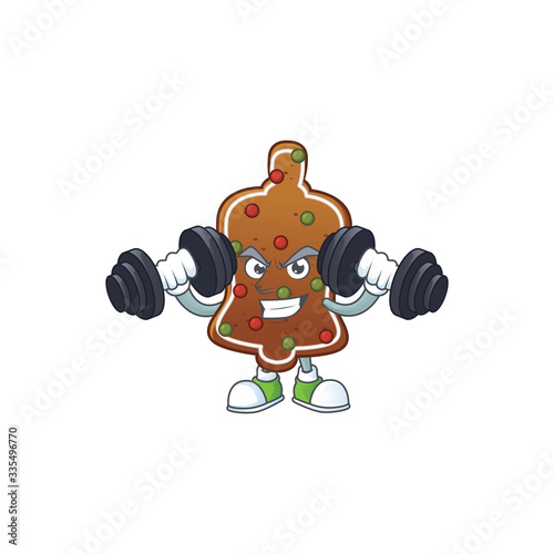 Fitness exercise gingerbread bell cartoon character using barbells
