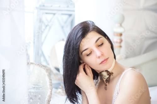 Closeup woman portrait, morning bride, beautiful young woman in the bedroom. Free Download Closeup woman portrait, morning bride, beautiful young woman in the bedroom. - GFXLoad