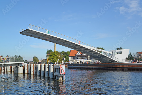 GDANSK, POLAND. Pedestrian bridge span in raised condition. Motlava River photo