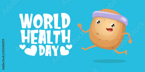 World health care day vector illustration with cartoon funky potato character running or jogging outdoor. Cute sporty healthy vegetable character making cardio sport exercise. Fitness cardio concept