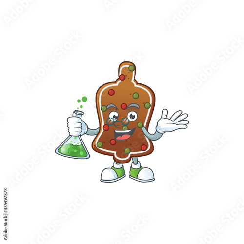 Gingerbread bell genius Professor Cartoon character holding glass tube © kongvector