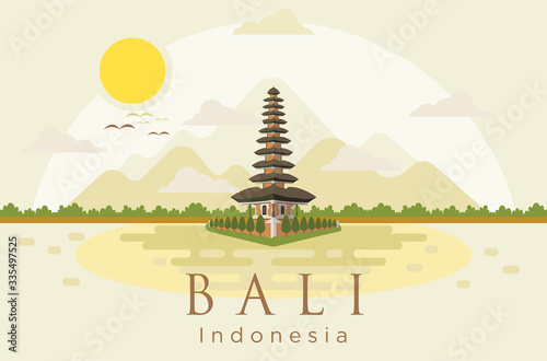 Indonesia landmark Ulun Danu temple in Bali. Hindu Shaivite water temple on Bali. Indonesia traditional architecture. Temple complex. Religious site flat design vector illustration