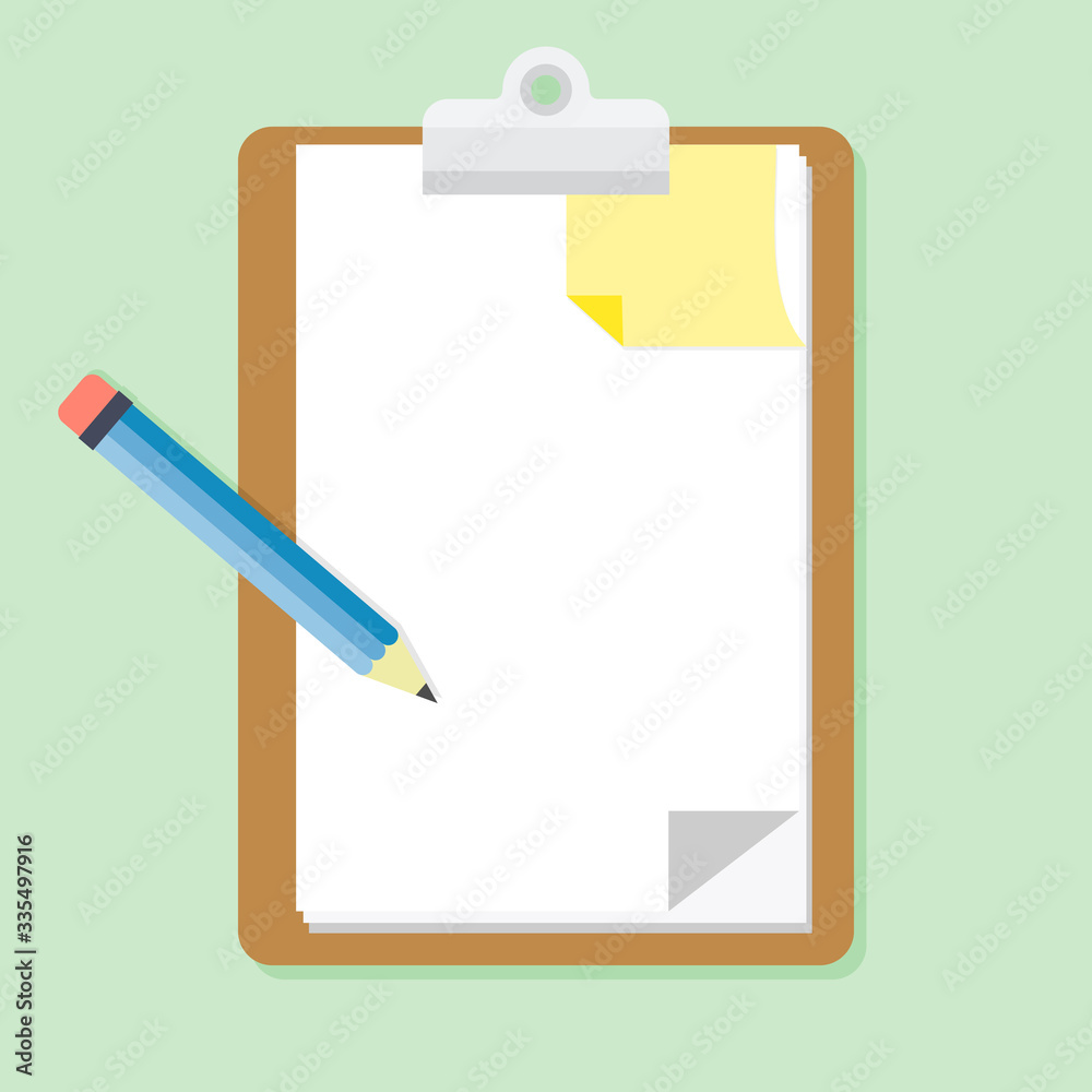 pencil and wood clipboard with blank white sheet  and yellow note attached on color background. Vector illustration.