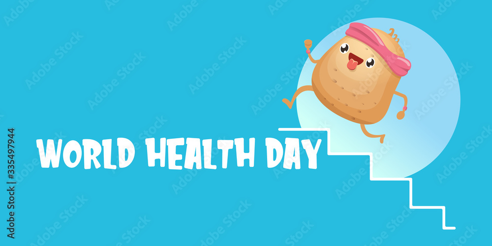 World health care day vector illustration with cartoon funky potato character running or jogging outdoor. Cute sporty healthy vegetable character making cardio sport exercise. Fitness cardio concept World health care day vector illustration with cartoon funky potato character running or jogging outdoor. Cute sporty healthy vegetable character making cardio sport exercise. Fitness cardio concept