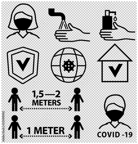 Line black icons. Keep distance 1 meter. Prevention COVID-19. Coronavirus icon on transparent background