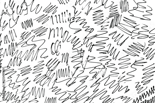 Grunge texture of unreadable handwritten doodles. An abstract background, like a child's drawing, with random handwriting. Monochrome background. Vector illustration. The imposition template.