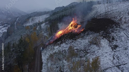 Drone pan of a controlled bush fire in Fernie British Columbia, Canada photo
