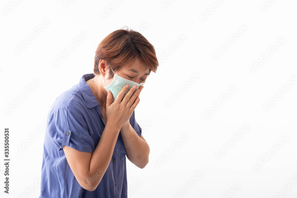 concept of coronavirus 2019 Asian women have nasal discharge, coughing, sneezing, and fever.There is a mask covering the mouth and nose to prevent the epidemic. On a white background concept of coronavirus 2019 Asian women have nasal discharge, coughing, sneezing, and fever.There is a mask covering the mouth and nose to prevent the epidemic. On a white background