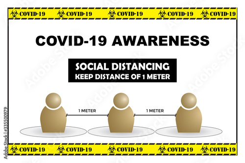 Social distancing concept. Minimum distance of 1 meter to prevent from Covid-19 spreading. Vector illustration shows 3 person with a minimum distance of 1 meter in between