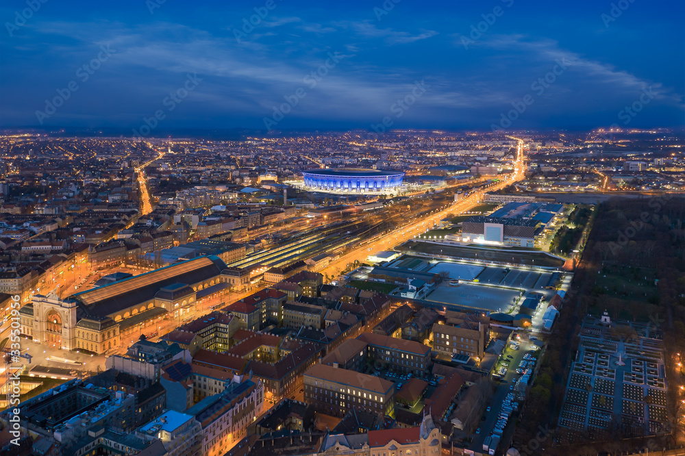 Fototapeta premium Europe Hungary Budapest aerial cityscape. VII district. Keleti Railway station.