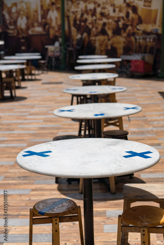 Photography Marked stalls for social distancing at Hawker center, Singapore