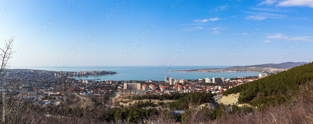 Hiking in the mountains and a view of the sea and the center of Gelendzhik. Black sea coast