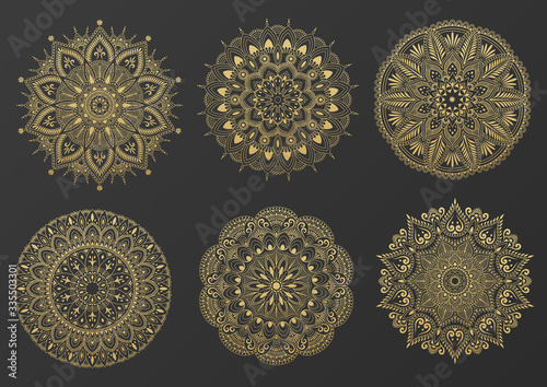 Set of round gold ornament mandala. Mandala with floral patterns. Yoga template. Vector illustration