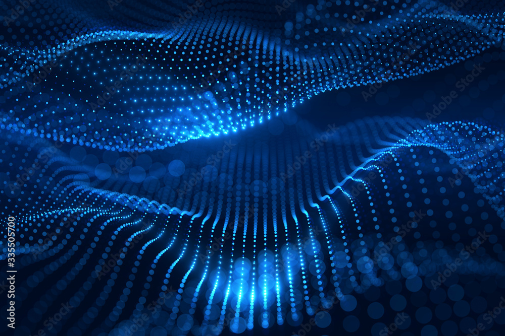 Moving neon blue dots pattern forming a digital network connection on dark background Moving neon blue dots pattern forming a digital network connection on dark background
