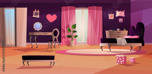 Girl bedroom interior in pink and violet colors. Vector cartoon teenager room in Baraco or rococo style, with bed, window, sofa, plant spot and pictures on wall