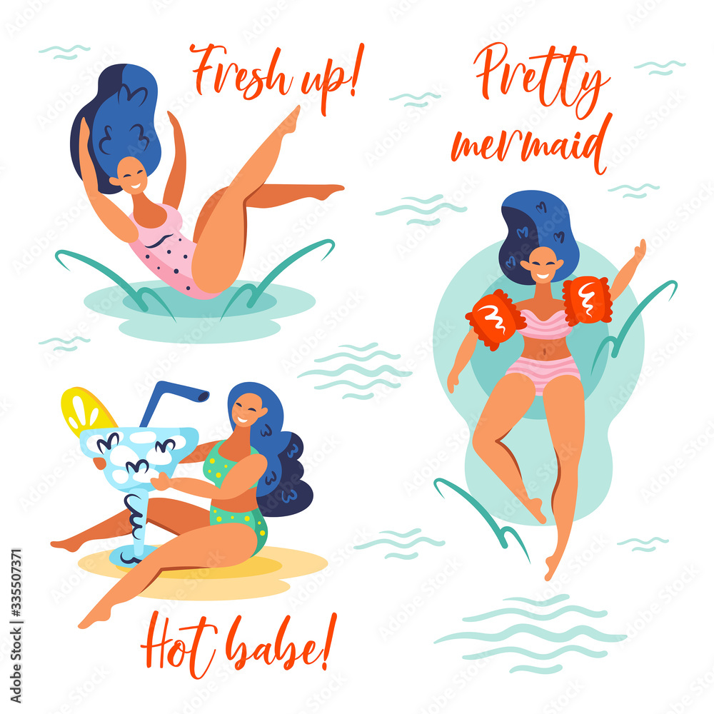 Fresh up. Hot babe. Summer party. Set of young smiling girls with blue hair in swimsuits. Summer seaside beach pool party. Flat colourful vector illustration icon sticker isolated on white background.