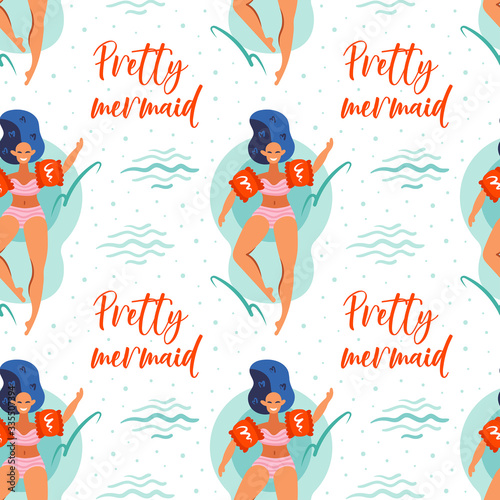 Pretty mermaid. Young smiling girls with blue hair, pink swimming suits and red inflatable sleeves in sea, pool. Hand drawn flat vector seamless pattern. Isolated on white background.