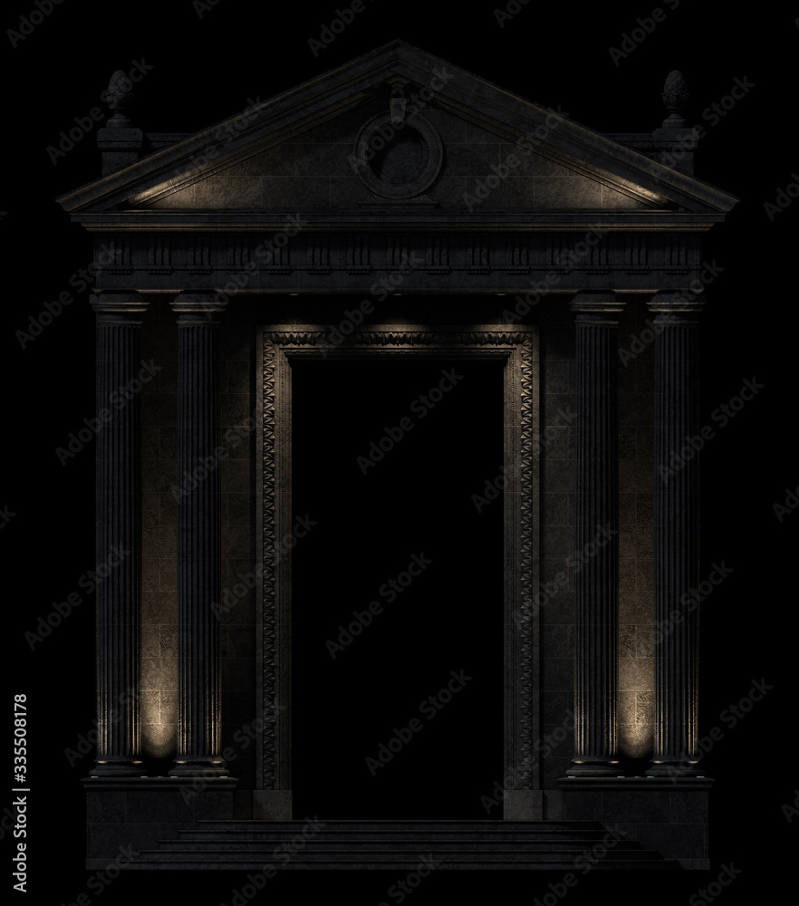 Black portico on a black background. Architectural elements of the classic building facade. 3D rendering Black portico on a black background. Architectural elements of the classic building facade. 3D rendering