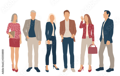 Set of men and women, different colors, cartoon character, group of silhouettes standing business people, flat icon design concept isolated on white background